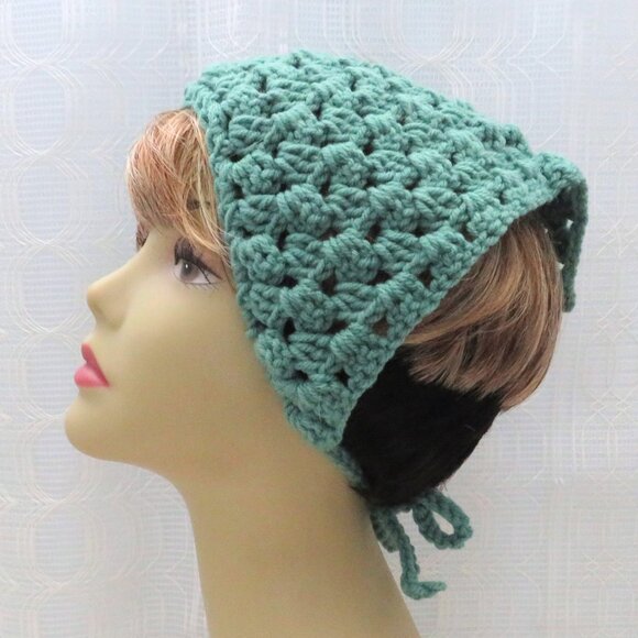 Green Crocheted Bandana Women Boho Hippie Style Handmade - Picture 1 of 6